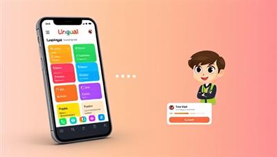 An engaging visual of a smartphone displaying the LinguaAI app interface with colorful language exercises, a progress tracker, and a virtual tutor avatar providing feedback, illustrating a fun and interactive language learning experience.