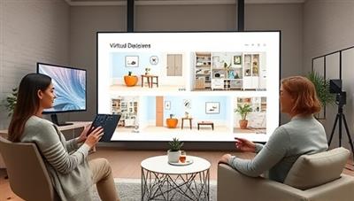 A virtual design studio setup with a designer interacting with a client through a video call, showcasing digital mood boards, color swatches, and room layouts on a large screen, creating an immersive and personalized design experience.