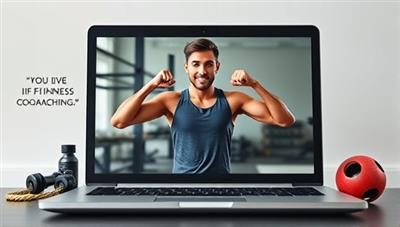 An energetic fitness coach leading a virtual workout session on a laptop screen, surrounded by motivational quotes and exercise equipment, conveying the dynamic and interactive nature of the virtual fitness coaching platform.