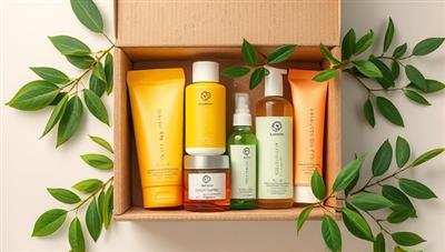 An aesthetically pleasing flat lay image featuring a collection of colorful skincare products arranged in a box with eco-friendly packaging, surrounded by green leaves and natural elements, evoking a sense of freshness and sustainability.