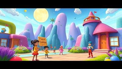 A vibrant and colorful virtual world where users interact with animated characters, solve language puzzles, and earn virtual rewards, creating a dynamic and immersive learning experience.