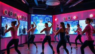 A group of individuals exercising in a high-tech fitness studio equipped with interactive screens, wearable fitness trackers, and virtual trainers, showcasing the dynamic and futuristic workout environment of FitTech Fusion.