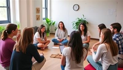 An interactive workshop setting with students engaging in mindfulness exercises, group discussions, and relaxation activities led by a mental health professional, creating a supportive and nurturing environment for student well-being.