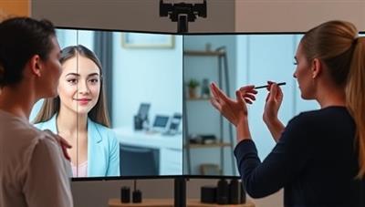 A split-screen image showing a client receiving a virtual makeup tutorial on one side and a makeup artist demonstrating techniques on the other side, creating an interactive and engaging beauty consultation setting.