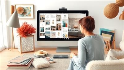 An artistic visual representation of a virtual design consultation with a designer presenting mood boards and design concepts to a client through a video call, surrounded by interior decor samples and color swatches, illustrating creativity and inspiration with DesignVision.