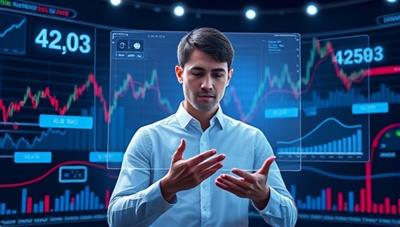An innovative and futuristic depiction of a user interacting with a virtual AI assistant offering investment advice on a holographic screen, surrounded by digital market graphs and data visualizations, representing smart investing decisions.