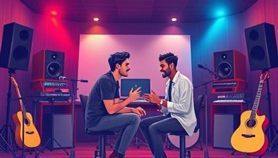 An engaging digital illustration featuring a mentor and mentee interacting in a virtual music studio environment, surrounded by musical instruments and recording equipment, symbolizing collaboration and growth in the music industry.