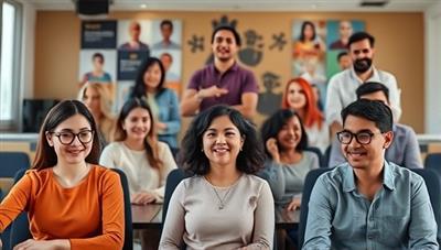 A virtual classroom setting with diverse individuals engaging in lively language discussions, each participant represented by an avatar in a digital environment, fostering a sense of community and cultural exchange.