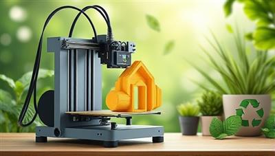 An artistic rendering of a 3D printer in action, crafting a intricate and sustainable product with a backdrop of greenery and eco-friendly symbols, symbolizing the marriage of technology and sustainability.