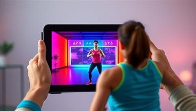 A vibrant and energetic virtual fitness session displayed on a tablet screen, with a coach guiding a user through exercises in a dynamic and motivating environment.