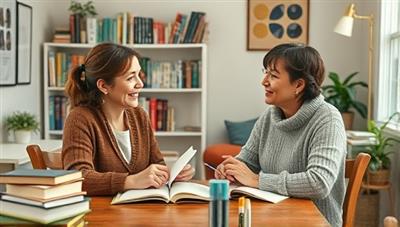 A thoughtful and supportive writing coach interacting with a client in a cozy virtual setting, surrounded by books and writing tools, providing guidance and inspiration in a one-on-one coaching session that fosters growth and creativity in the writing process.