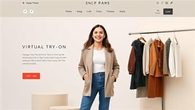 A sleek and modern website interface showcasing a virtual try-on feature where a user is virtually trying on different outfits, expressing delight and satisfaction with the experience.