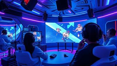An immersive virtual world with a futuristic streaming setup showing a streamer playing a game while viewers interact with the gameplay elements, creating a dynamic and engaging experience for all.