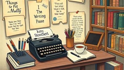 An artistic depiction of a cozy writing nook with a vintage typewriter, notebooks, pens, and a cup of tea, surrounded by shelves of books and inspirational quotes, evoking a sense of creativity and storytelling ambiance.