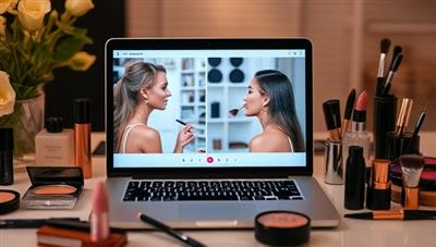 A laptop screen displaying a virtual consultation session with a makeup artist guiding a client through a step-by-step makeup application, surrounded by a variety of beauty products and tools, creating a personalized and interactive beauty experience.