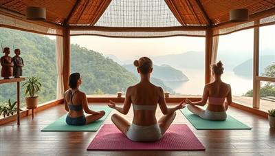An online wellness retreat setting featuring virtual yoga sessions, meditation practices, and cultural experiences, with participants engaging in mindfulness activities against serene natural backdrops and tranquil settings, promoting relaxation and inner peace.