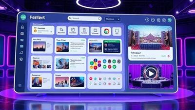 A futuristic digital rendering of a virtual event planning dashboard with interactive features, event templates, and 3D virtual venue previews, creating a dynamic and immersive event planning experience.