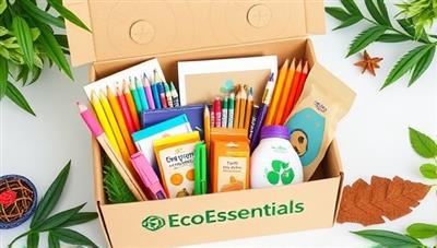 An assortment of colorful and eco-friendly school supplies neatly arranged in a sustainable packaging box, surrounded by greenery and natural elements, symbolizing the harmony between education and environmental conservation in EcoEssentials School Box.