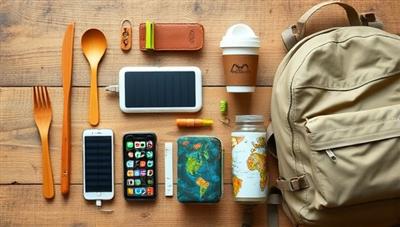 An aesthetically pleasing flat lay of eco-friendly travel gear arranged on a wooden table, including bamboo utensils, a solar-powered charger, a reusable coffee cup, and a recycled backpack, conveying a sense of sustainability and eco-consciousness.