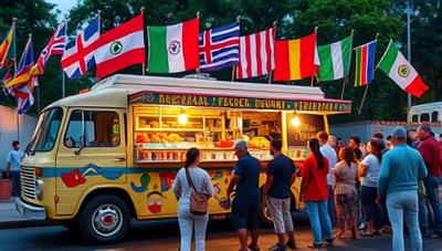 A vibrant food truck adorned with colorful flags representing different cultures, serving fusion dishes bursting with diverse flavors, with customers lining up eagerly to experience the global taste journey, evoking a sense of culinary fusion and excitement.