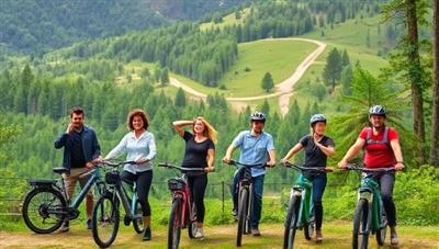 A vibrant image of electric bikes lined up against a backdrop of lush green forests and winding trails, with a group of diverse people smiling and gearing up for an adventure, capturing the essence of sustainable outdoor fun.