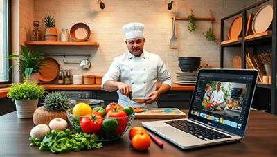 A vibrant virtual cooking class scene with a chef guiding participants through a recipe, showcasing fresh ingredients, cooking utensils, and a laptop displaying the cooking process, creating an immersive and interactive culinary experience.