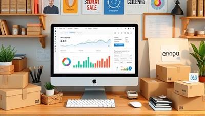 An e-commerce-themed workspace with a computer screen displaying automated bookkeeping dashboards, surrounded by shipping boxes, product samples, and e-commerce branding materials, illustrating the seamless integration of financial automation in online businesses.