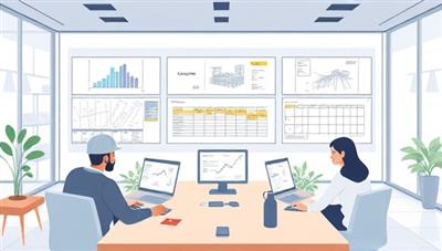 An illustration of a virtual meeting room with construction blueprints on screens, project timelines displayed digitally, and team members collaborating online, capturing the essence of remote project management in construction.