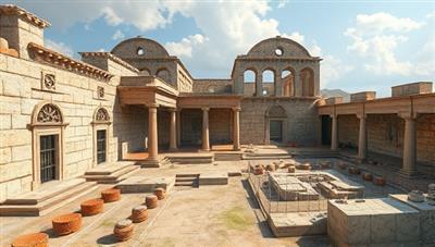 An immersive digital illustration featuring a virtual historical tour of ancient ruins with detailed architectural elements and cultural artifacts, evoking the essence of exploration and discovery in HeritageHorizon's virtual history and heritage tours.