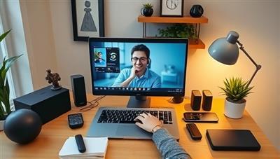A modern and organized home office setup with a person receiving remote tech support assistance on a laptop screen, surrounded by gadgets and tech accessories, illustrating convenience and tech assistance at home.