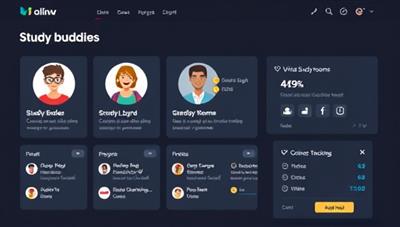 A digital platform interface displaying profiles of study buddies matched based on common interests and study preferences, with virtual study rooms, collaborative tools, and progress tracking features, fostering a sense of community and support in online learning.