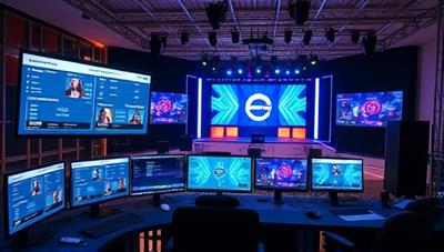 A virtual event planning control center with multiple screens displaying event schedules, guest lists, and live event feeds. The background features a virtual event stage setup with lighting equipment and digital event branding, showcasing the versatility and sophistication of virtual event planning.