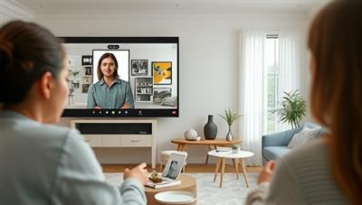A virtual interior designer presenting a digital mood board and design concept to a client via video call, with virtual room renderings and decor samples in the background, illustrating creativity and design transformation.