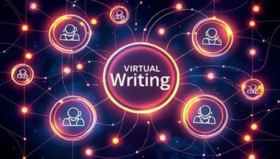 An artistic illustration of virtual writing circles connected by glowing threads, symbolizing support, collaboration, and creative energy flowing through the online writing community, inspiring writers to achieve their goals together.