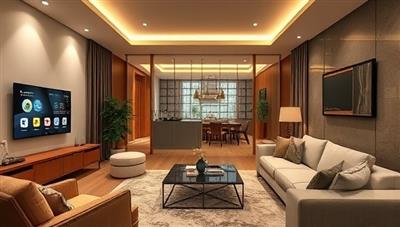 An elegant living room with smart home devices seamlessly integrated, showcasing voice-activated controls, automated lighting, and security features, illustrating the modern and convenient lifestyle offered by HomeTech Assist.