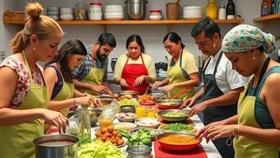 An interactive cooking workshop scene with participants of various cultural backgrounds cooking together in a vibrant kitchen setting, surrounded by colorful spices, ingredients, and cooking utensils, symbolizing unity and collaboration through food and shared experiences.
