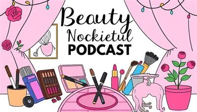 A colorful and inviting podcast cover art featuring beauty-themed illustrations, makeup products, and a cozy nook setting, symbolizing a welcoming and informative space for beauty novices to explore and learn.