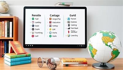 An interactive online language lesson with a virtual whiteboard, language books, and a globe, symbolizing global connections and cultural exchange through language learning.