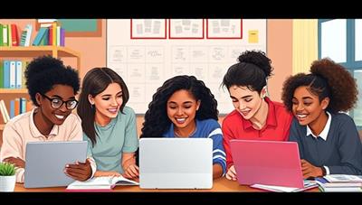 A digital illustration showcasing a diverse group of high school students engaged in a virtual college application workshop, with laptops, college brochures, and academic resources in the background, exuding a sense of academic ambition and future aspirations.