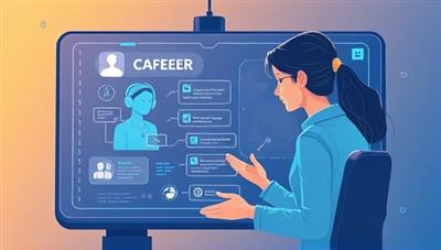 An illustration of a futuristic virtual assistant interacting with a user on a digital screen, providing career advice and guidance in a dynamic and engaging way.