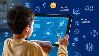 An engaging visual of a student interacting with a virtual tutor on a digital tablet, surrounded by educational icons and personalized lesson recommendations, showcasing the adaptive and interactive nature of the AI tutoring service.