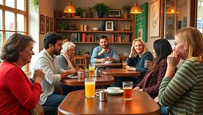 A cozy cafe setting with diverse customers engaging in conversations in different languages, sipping on beverages and sharing cultural insights, creating a vibrant and multicultural language learning atmosphere.