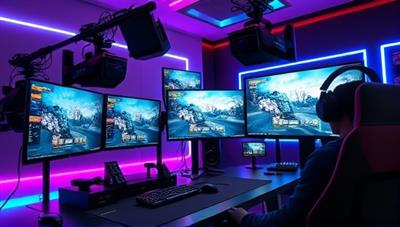 A sleek and futuristic gaming setup with high-end streaming equipment, colorful LED lights, and a professional-looking streamer showcasing gameplay on multiple screens, highlighting the studio's cutting-edge technology and support for content creators.