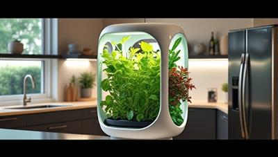 A modern kitchen setting with a sleek, vertical hydroponic pod showcasing a variety of lush, vibrant plants growing inside, creating a futuristic and eco-friendly atmosphere.