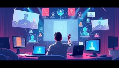 A dynamic and engaging digital illustration of a virtual event planner brainstorming ideas for a digital conference, surrounded by virtual event elements like screens, lights, and interactive features, conveying creativity, professionalism, and innovation in virtual event planning, inspiring clients to elevate their online gatherings.