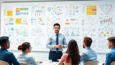 An innovation consultant leading a team brainstorming session, surrounded by whiteboards filled with colorful ideas, sketches, and innovative concepts, capturing the essence of creativity and collaboration in innovation consulting.