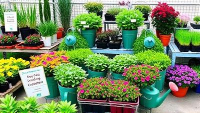 A vibrant plant nursery setting with lush greenery, colorful blooms, and a variety of potted plants displayed in an organized and inviting space, with gardening tools, watering cans, and signage promoting eco-friendly gardening practices and community events.