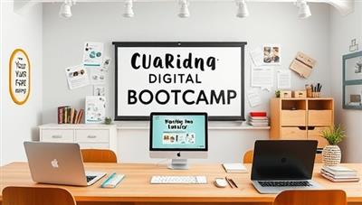 A virtual classroom setting with branding materials, laptops, and creative tools, symbolizing the transformative journey of personal branding and self-discovery in a digital bootcamp environment.