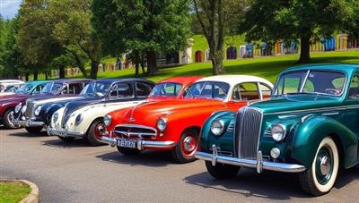A collection of beautifully restored vintage cars lined up in a picturesque setting, capturing the elegance and timeless appeal of classic automobiles, evoking a sense of nostalgia and sophistication.