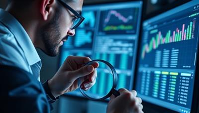 A compelling visual of a virtual forensic accountant examining digital financial records on a computer screen, with forensic tools and magnifying glass icons symbolizing meticulous investigation and fraud detection, representing the expertise and precision of ForensicGuard's services.